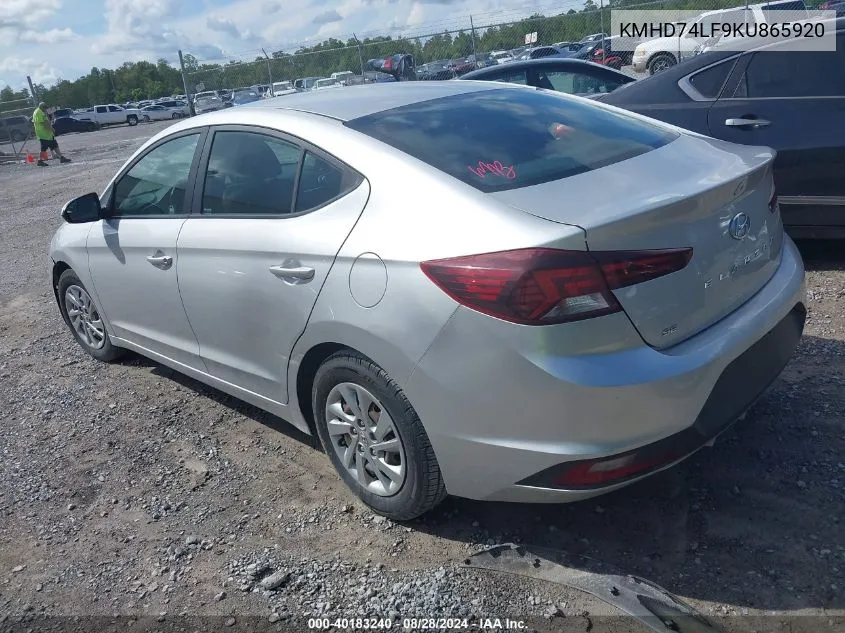 KMHD74LF9KU865920 2019 Hyundai Elantra Se