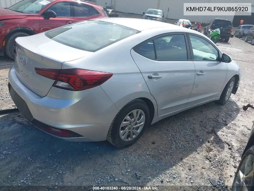 2019 Hyundai Elantra Se VIN: KMHD74LF9KU865920 Lot: 40183240