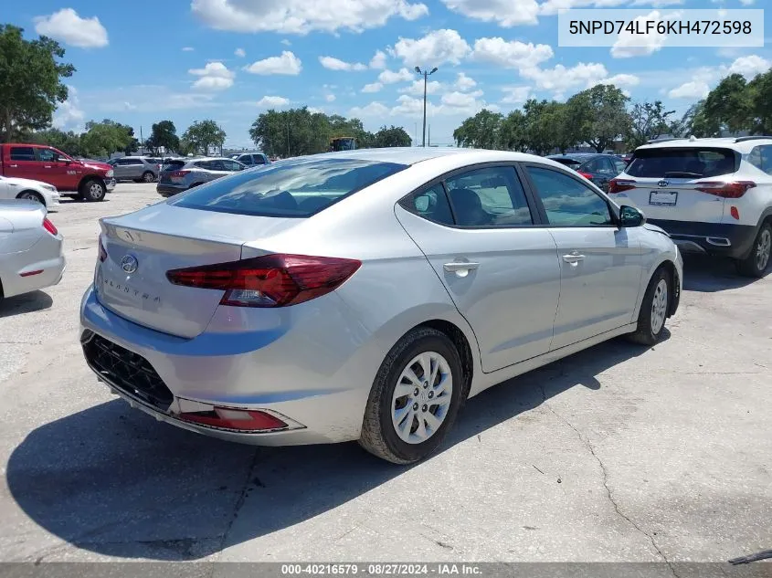 2019 Hyundai Elantra Se VIN: 5NPD74LF6KH472598 Lot: 40216579