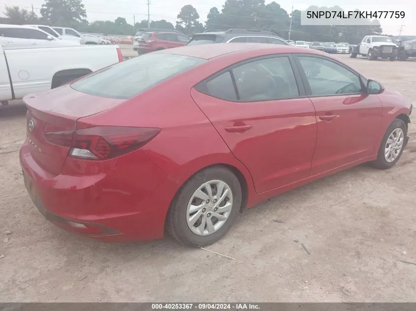 2019 Hyundai Elantra Se VIN: 5NPD74LF7KH477759 Lot: 40253367