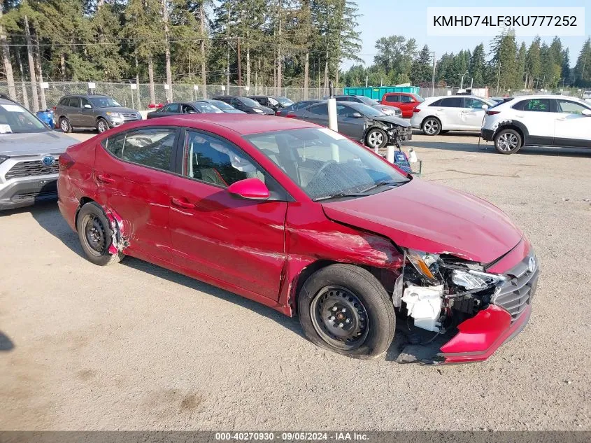 KMHD74LF3KU777252 2019 Hyundai Elantra Se