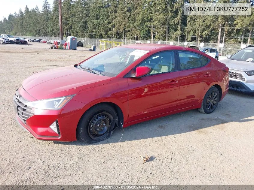 KMHD74LF3KU777252 2019 Hyundai Elantra Se