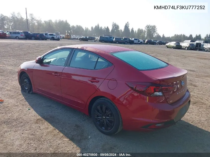 2019 Hyundai Elantra Se VIN: KMHD74LF3KU777252 Lot: 40270930