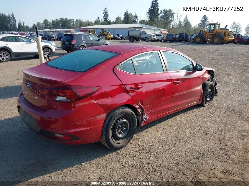 KMHD74LF3KU777252 2019 Hyundai Elantra Se