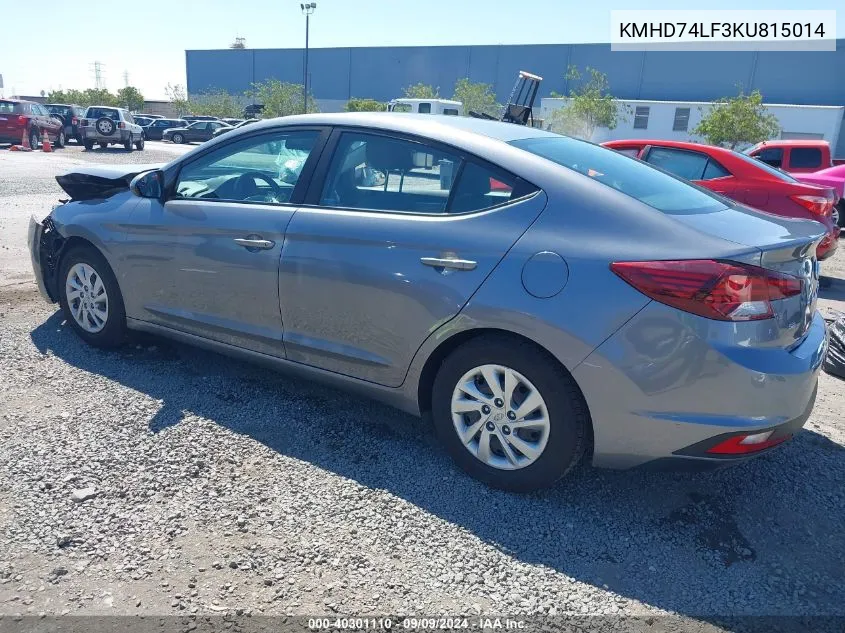 KMHD74LF3KU815014 2019 Hyundai Elantra Se