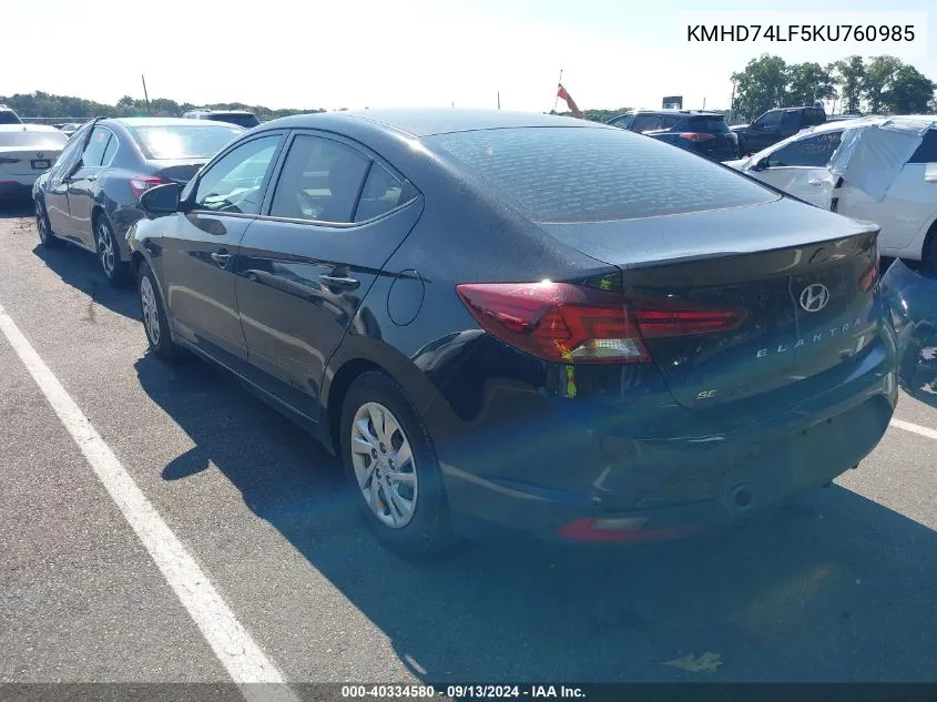 2019 Hyundai Elantra Se VIN: KMHD74LF5KU760985 Lot: 40334580