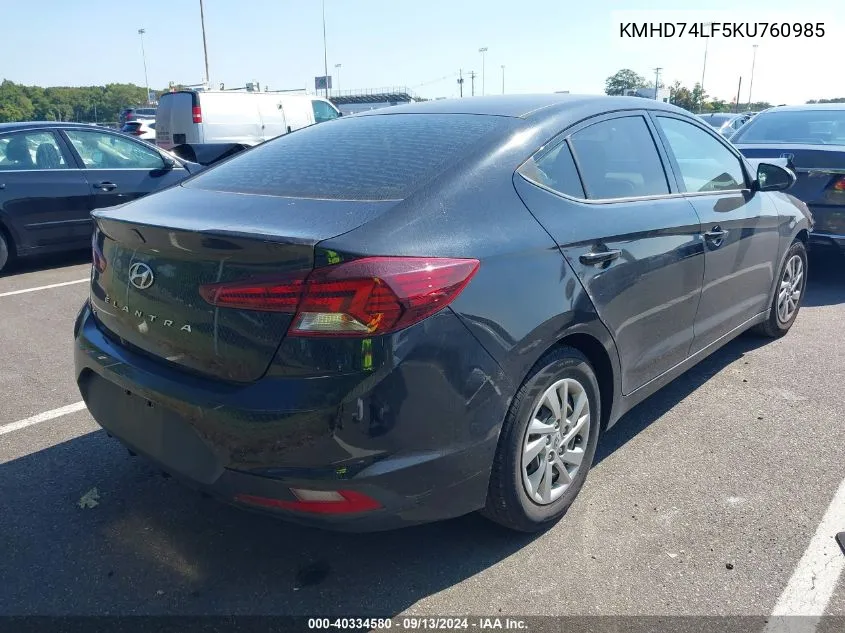 2019 Hyundai Elantra Se VIN: KMHD74LF5KU760985 Lot: 40334580