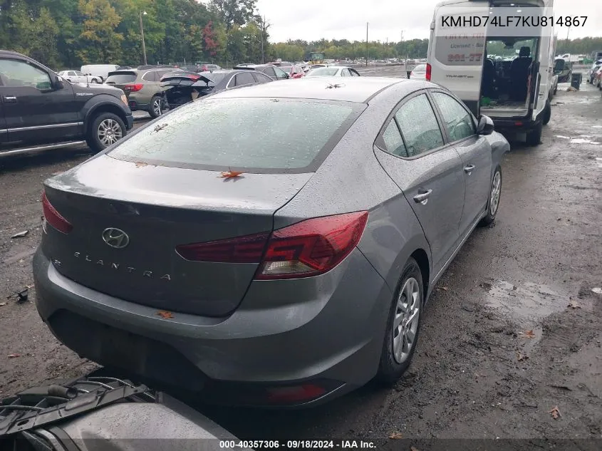 2019 Hyundai Elantra Se VIN: KMHD74LF7KU814867 Lot: 40357306