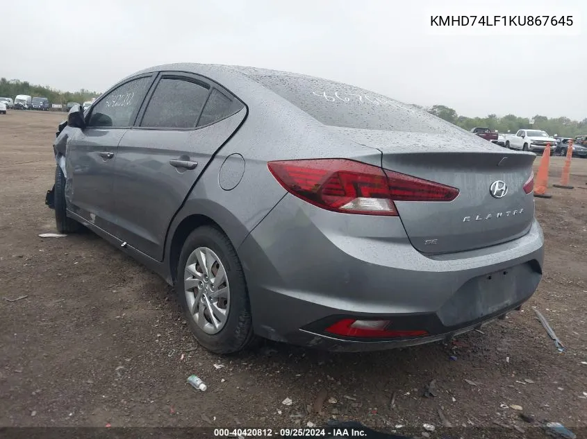 2019 Hyundai Elantra Se VIN: KMHD74LF1KU867645 Lot: 40420812