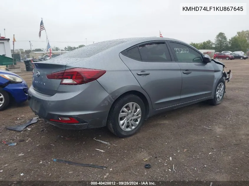 KMHD74LF1KU867645 2019 Hyundai Elantra Se