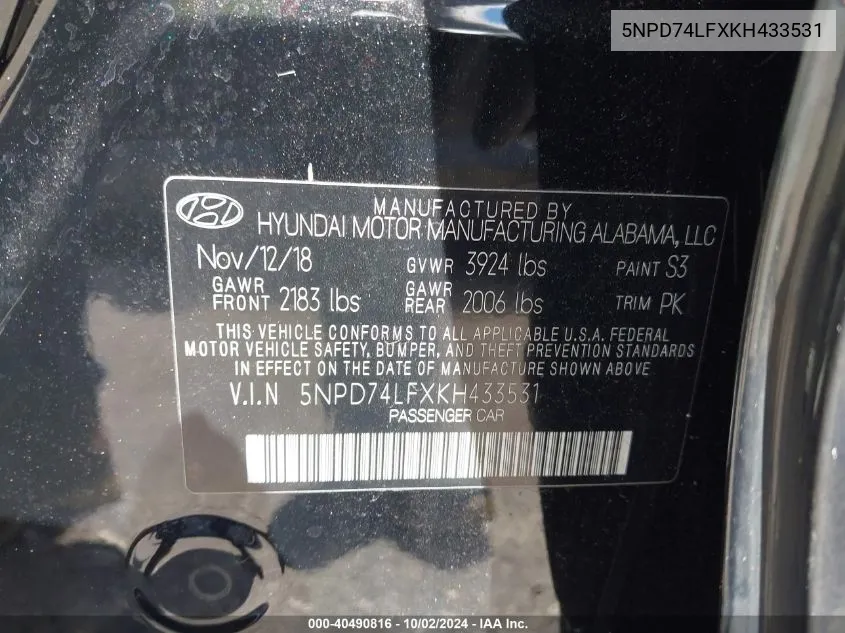 5NPD74LFXKH433531 2019 Hyundai Elantra Se