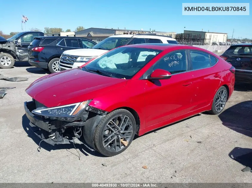 2019 Hyundai Elantra Sport VIN: KMHD04LB0KU870845 Lot: 40493930