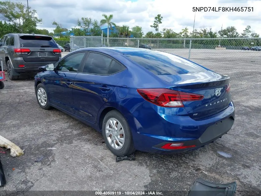 2019 Hyundai Elantra Se VIN: 5NPD74LF8KH465751 Lot: 40509119