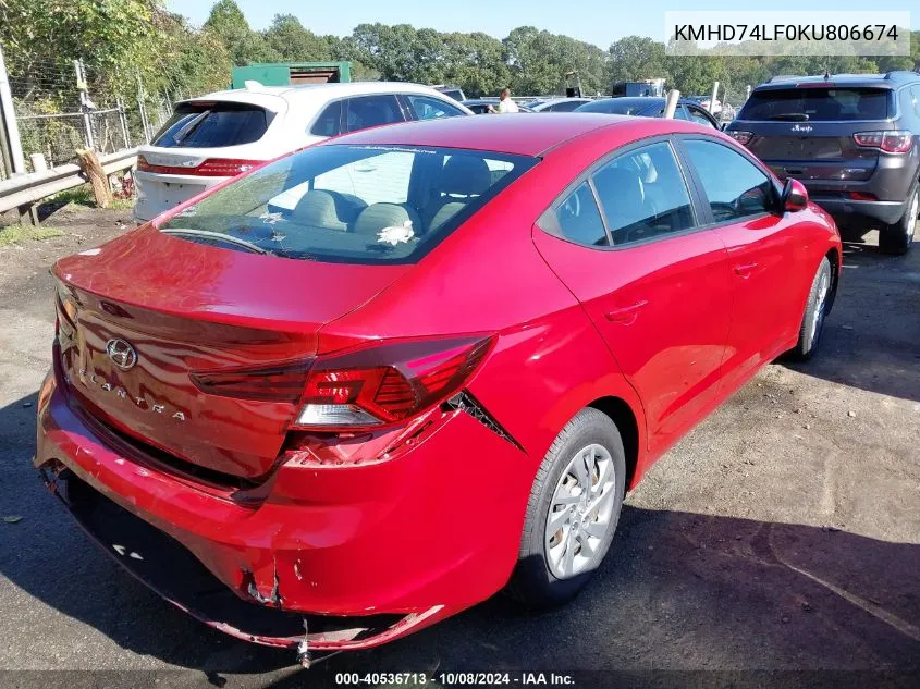 2019 Hyundai Elantra Se VIN: KMHD74LF0KU806674 Lot: 40536713