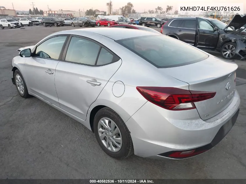 2019 Hyundai Elantra Se VIN: KMHD74LF4KU761626 Lot: 40582536