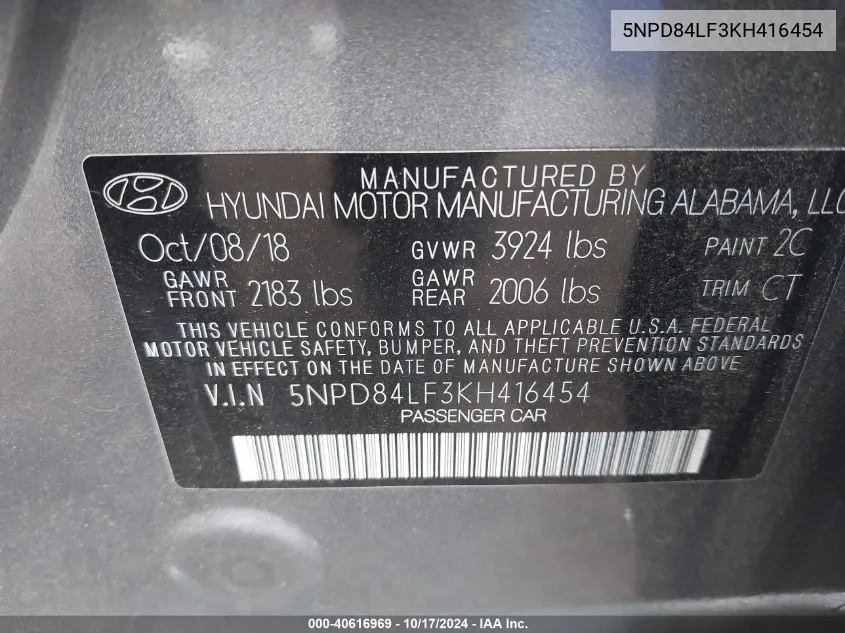 5NPD84LF3KH416454 2019 Hyundai Elantra Sel