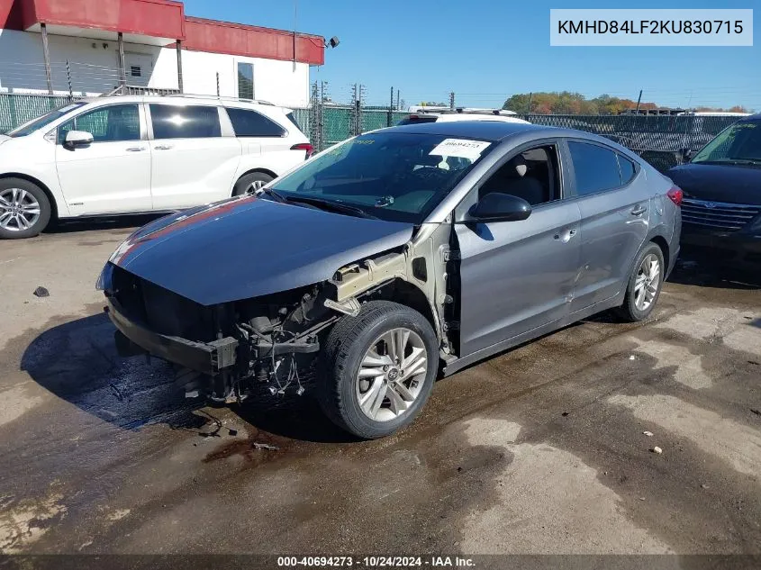 2019 Hyundai Elantra Sel VIN: KMHD84LF2KU830715 Lot: 40694273