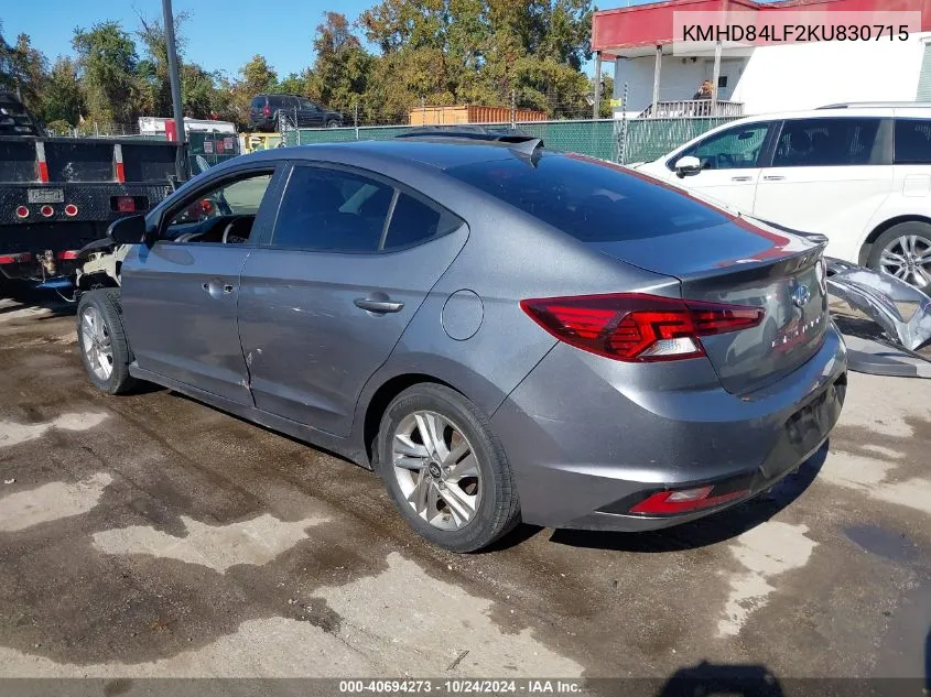 2019 Hyundai Elantra Sel VIN: KMHD84LF2KU830715 Lot: 40694273