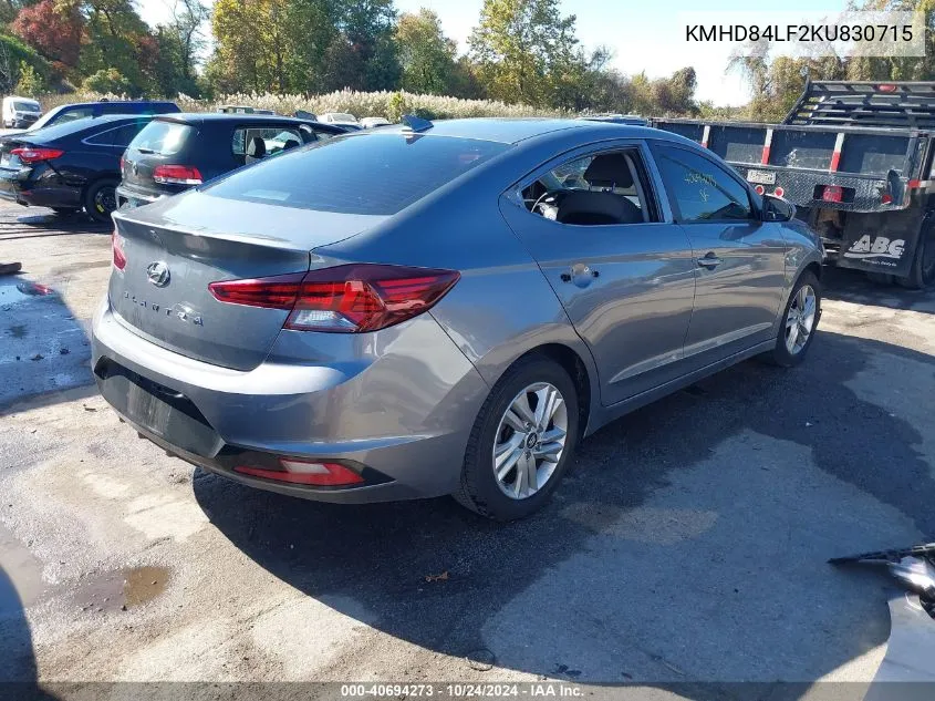 2019 Hyundai Elantra Sel VIN: KMHD84LF2KU830715 Lot: 40694273