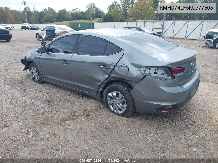 2019 Hyundai Elantra Se VIN: KMHD74LF6KU777505 Lot: 40740256