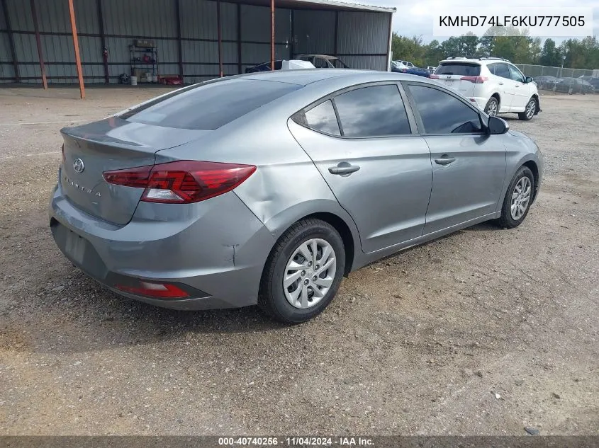 2019 Hyundai Elantra Se VIN: KMHD74LF6KU777505 Lot: 40740256