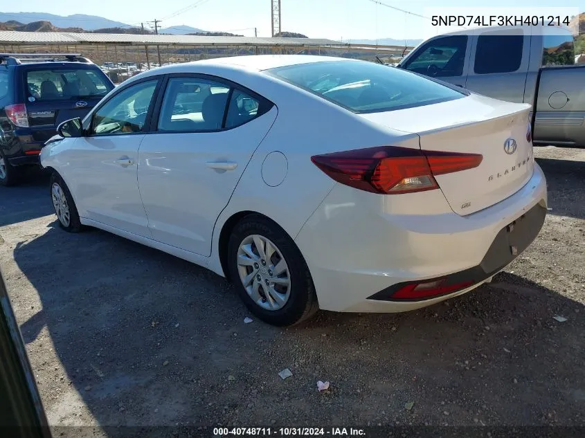 2019 Hyundai Elantra Se VIN: 5NPD74LF3KH401214 Lot: 40748711