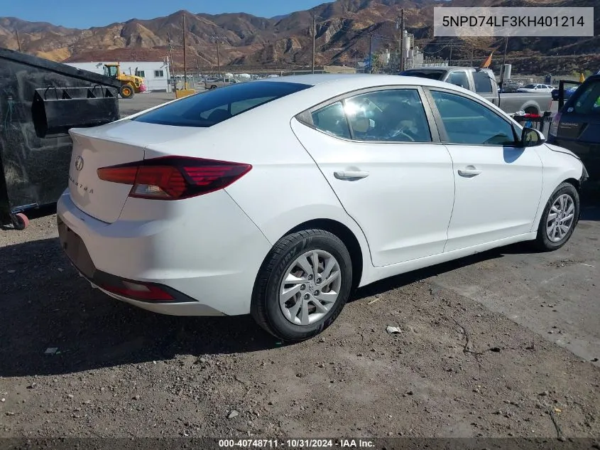 2019 Hyundai Elantra Se VIN: 5NPD74LF3KH401214 Lot: 40748711