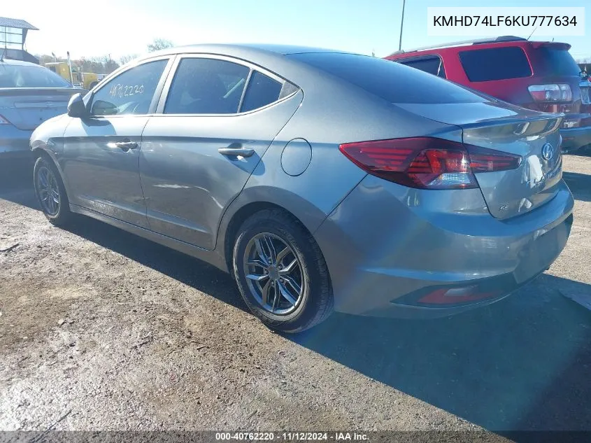 2019 Hyundai Elantra Se VIN: KMHD74LF6KU777634 Lot: 40762220