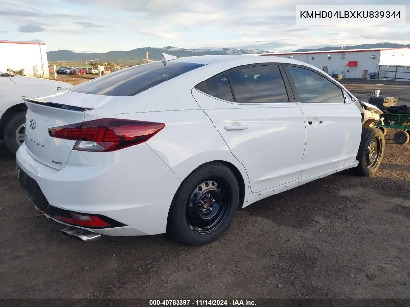 2019 Hyundai Elantra Sport VIN: KMHD04LBXKU839344 Lot: 40783397