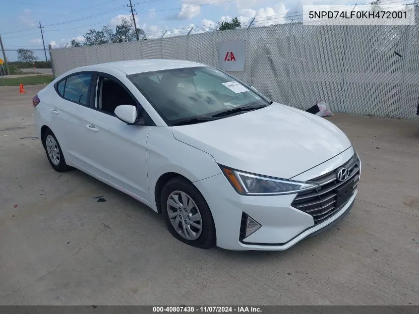 2019 Hyundai Elantra Se VIN: 5NPD74LF0KH472001 Lot: 40807438