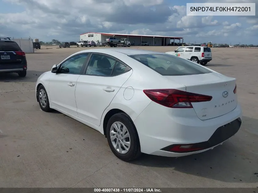 2019 Hyundai Elantra Se VIN: 5NPD74LF0KH472001 Lot: 40807438