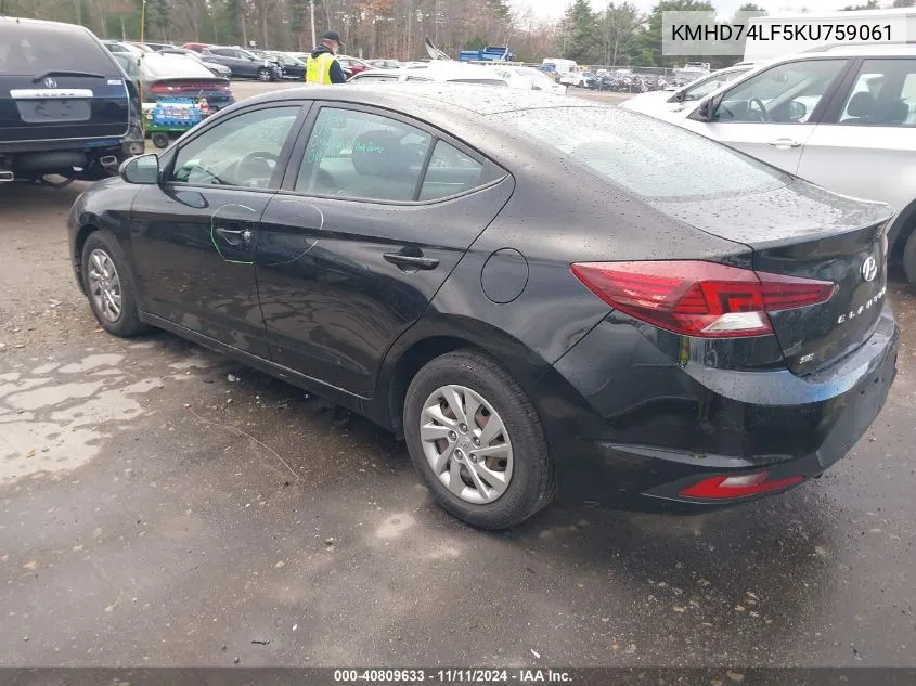 2019 Hyundai Elantra Se VIN: KMHD74LF5KU759061 Lot: 40809633