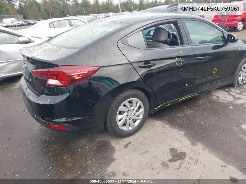 2019 Hyundai Elantra Se VIN: KMHD74LF5KU759061 Lot: 40809633