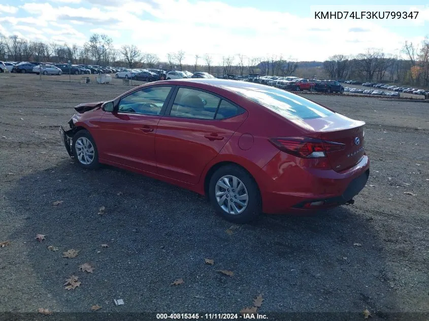 2019 Hyundai Elantra Se VIN: KMHD74LF3KU799347 Lot: 40815345