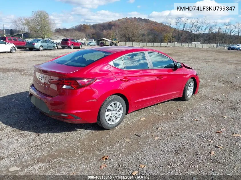 2019 Hyundai Elantra Se VIN: KMHD74LF3KU799347 Lot: 40815345