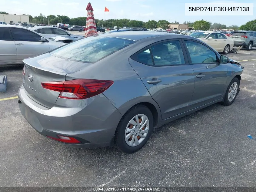 2019 Hyundai Elantra Se VIN: 5NPD74LF3KH487138 Lot: 40823163