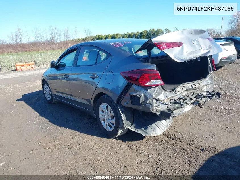 2019 Hyundai Elantra Se VIN: 5NPD74LF2KH437086 Lot: 40840481