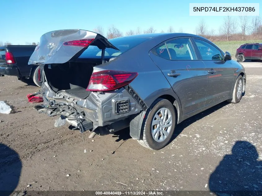 2019 Hyundai Elantra Se VIN: 5NPD74LF2KH437086 Lot: 40840481