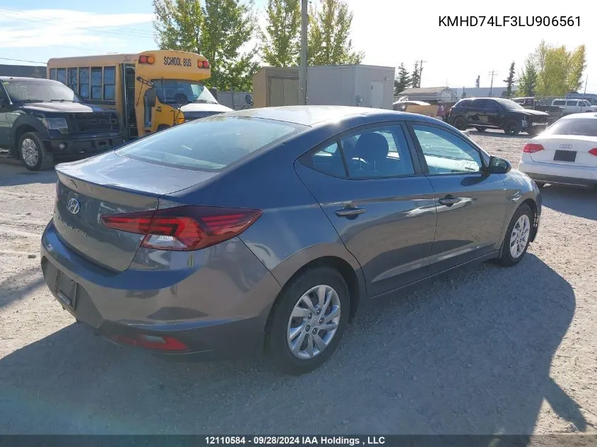 2020 Hyundai Elantra Se VIN: KMHD74LF3LU906561 Lot: 12110584