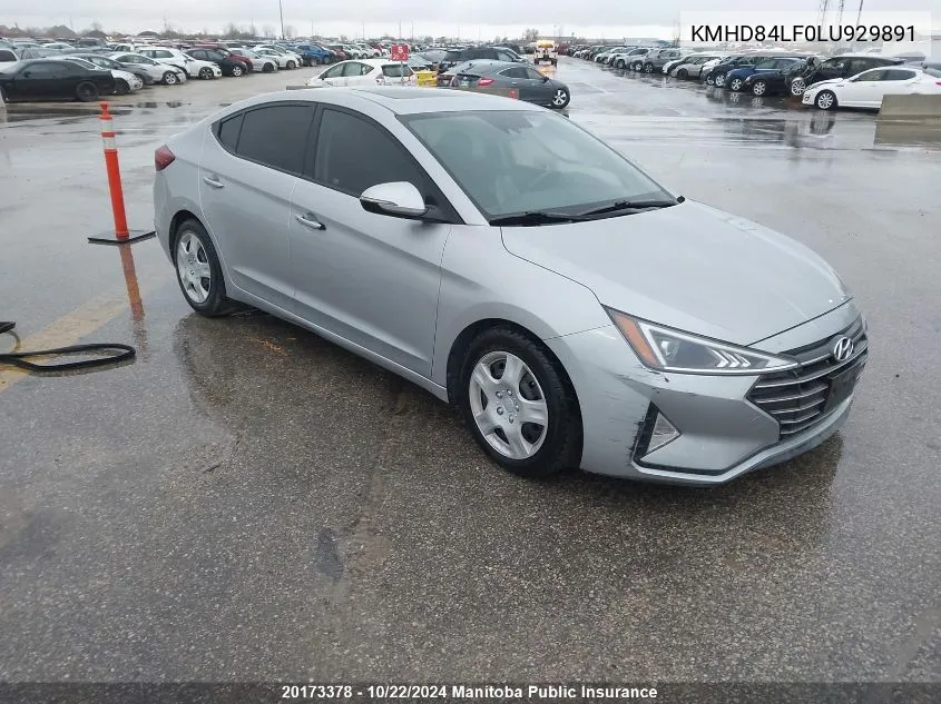 2020 Hyundai Elantra Preferred VIN: KMHD84LF0LU929891 Lot: 20173378