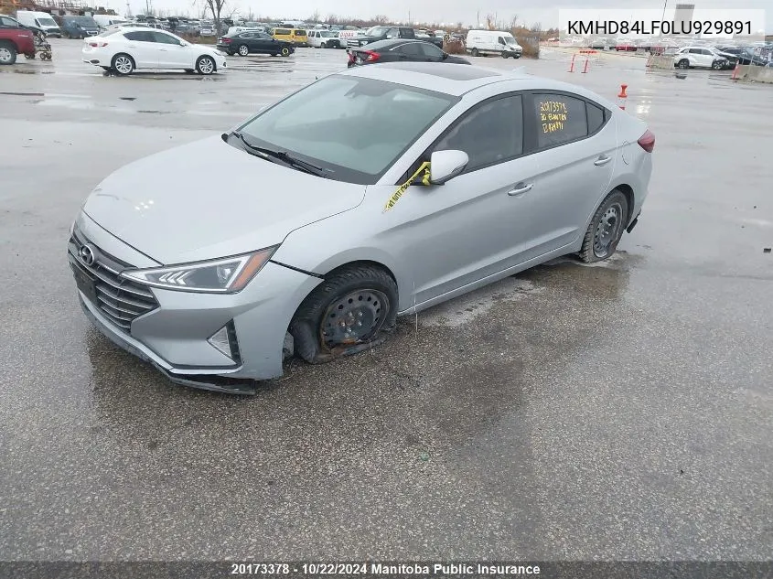 2020 Hyundai Elantra Preferred VIN: KMHD84LF0LU929891 Lot: 20173378