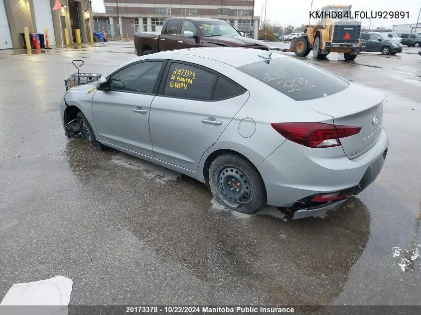 2020 Hyundai Elantra Preferred VIN: KMHD84LF0LU929891 Lot: 20173378