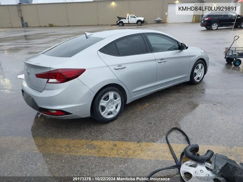 2020 Hyundai Elantra Preferred VIN: KMHD84LF0LU929891 Lot: 20173378