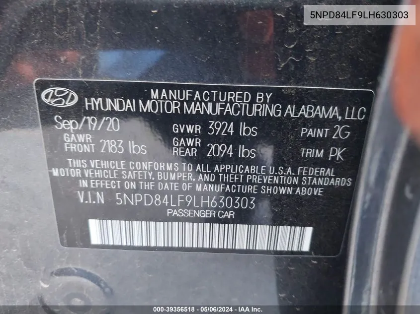 5NPD84LF9LH630303 2020 Hyundai Elantra Value Edition