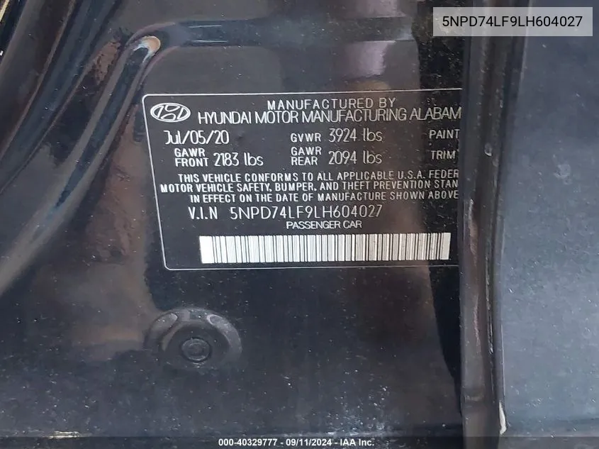 5NPD74LF9LH604027 2020 Hyundai Elantra Se