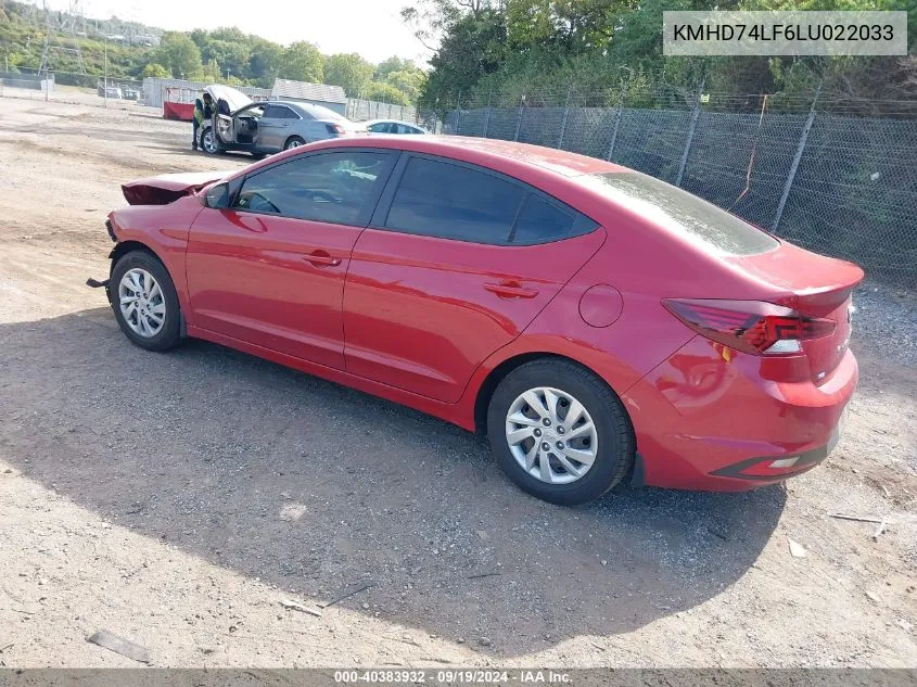 2020 Hyundai Elantra Se VIN: KMHD74LF6LU022033 Lot: 40383932