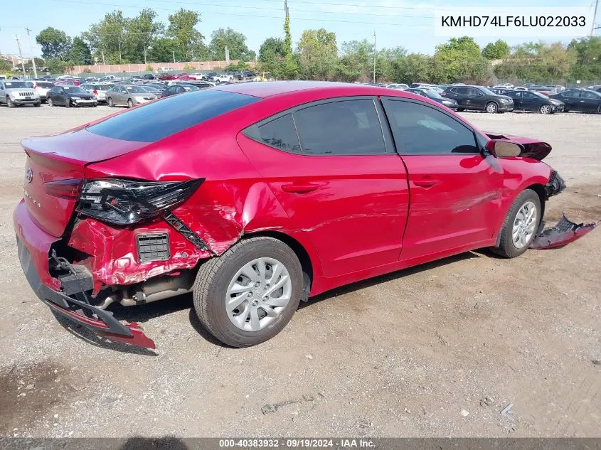 2020 Hyundai Elantra Se VIN: KMHD74LF6LU022033 Lot: 40383932