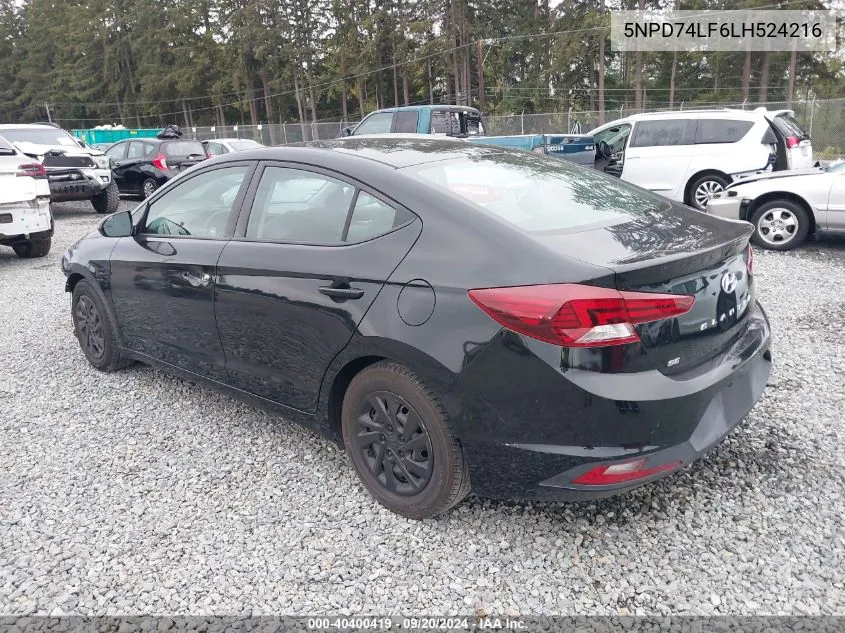 2020 Hyundai Elantra Se VIN: 5NPD74LF6LH524216 Lot: 40400419