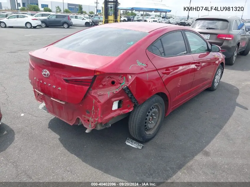 2020 Hyundai Elantra Se VIN: KMHD74LF4LU981320 Lot: 40402096