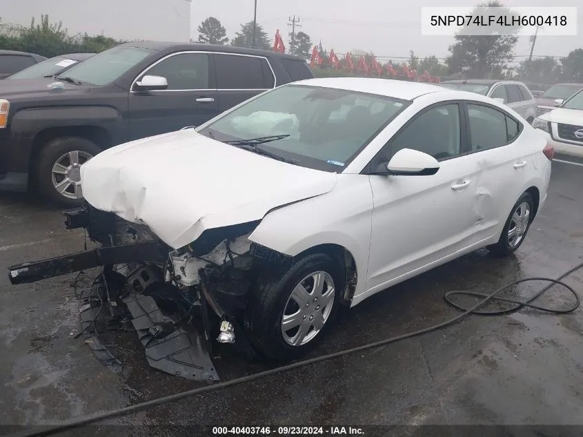 2020 Hyundai Elantra Se VIN: 5NPD74LF4LH600418 Lot: 40403746